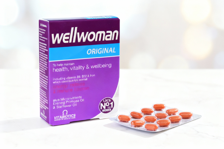 ترکیبات قرص ول وومن اورجینال در بسته بندی روی سطح سفید